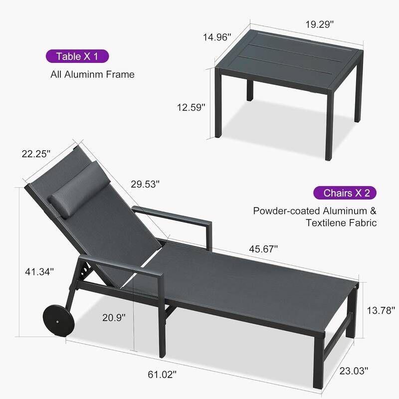 PURPLE LEAF Lounge Chair Set for Outside Aluminum Patio Recliner with Side Table and Pillow Beach Sunbathing Tanning Chairs