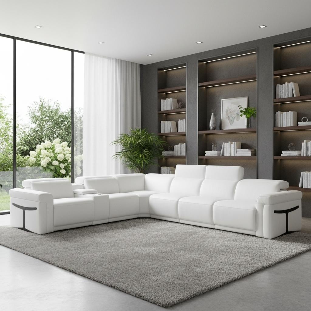 HomeRoots White Italian Leather Modular L Shaped Seven Piece Corner Sectional With Console