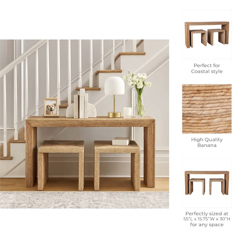 Handcrafted Woven Console Table with Side Tables - 55", Brown & Tan - 55.0"