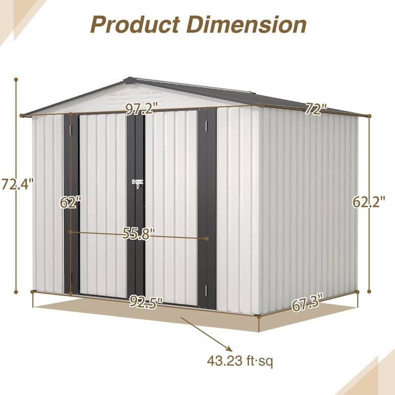 8 x 6 FT Outdoor Storage Shed, All Weather Metal Tool Shed