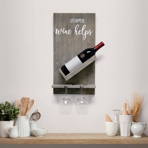 Elegant Designs Lucca Wall Mounted Wooden Life Happens Wine Helps Wine Bottle Shelf with Glass Holder