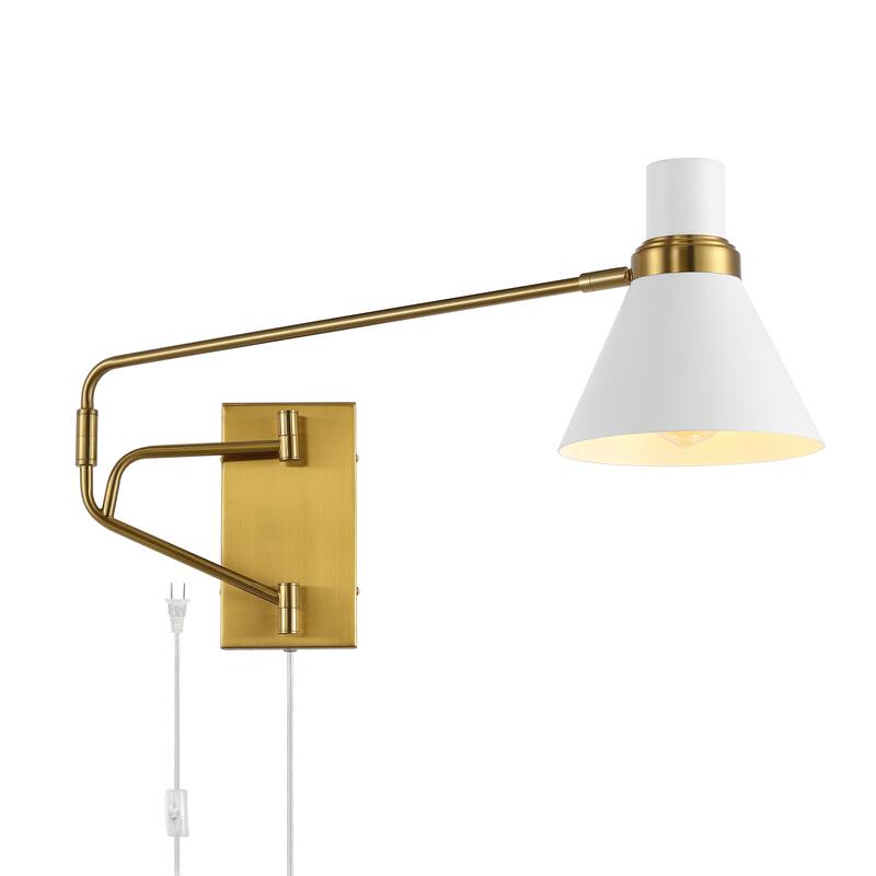 SAFAVIEH Lighting Aldegonda Swing Arm Plug-In Task Wall Sconce (LED Bulbs Included) - 37.5 In. W x 8 In. D x 13 In. H - Brass/White