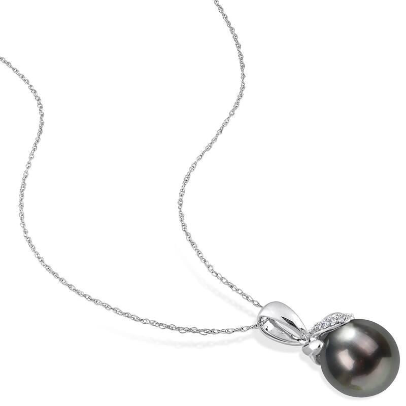 Miadora Black Tahitian Cultured Pearl and Diamond Accent Drop Pendant in 14k White Gold (9-10mm)