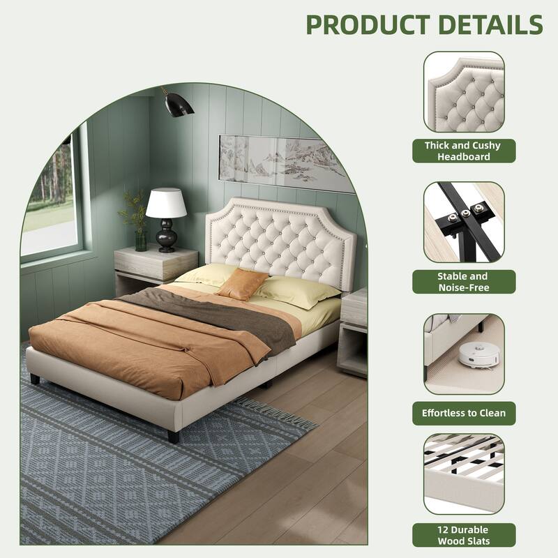Moasis Upholstered Tufted Bed Frame with Adjustable Height Headboard