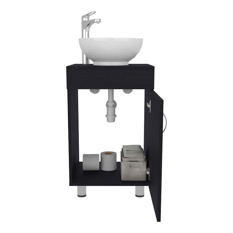 18" Wide Free Standing One Door Vanity,With Vessel Porcelain Sink,Bathroom Storage,Black