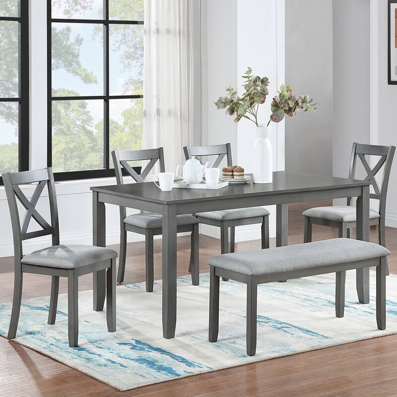 6 Pieces Dining Table Set, 6 Person Kitchen Table Chairs Set with Rectangular Table, 4 Upholstered Chairs and 1 Bench - Gray