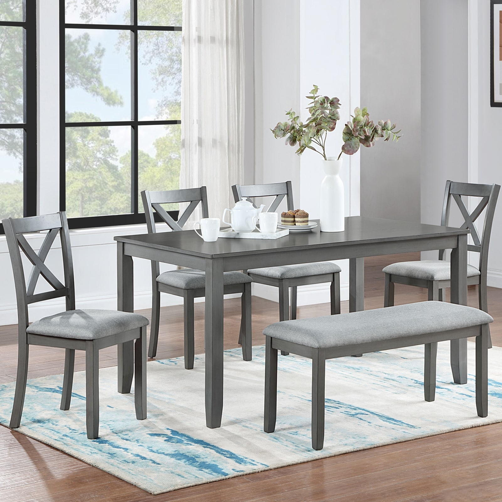GDFStudio - Brookline 6-Piece Transitional Rectangular Wooden Dining Table Set with 4 Upholstered Chairs & 1 Bench