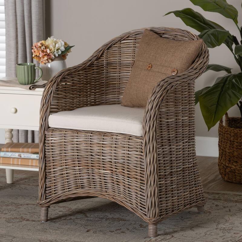 Amanda Natural Rattan Armchair - Handwoven Wicker Barrel Chair with Removable Cushion, Coastal Boho Style Accent Seating