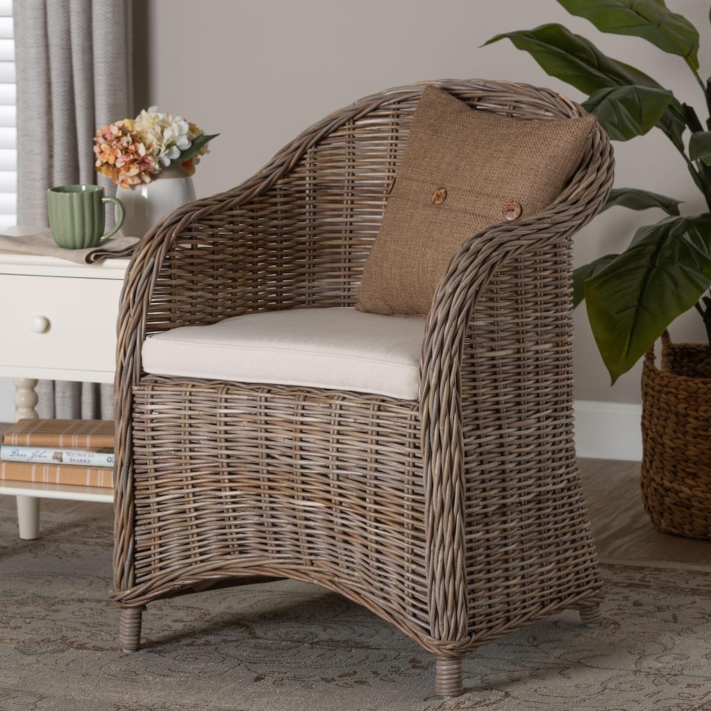Amanda Natural Rattan Armchair - Handwoven Wicker Barrel Chair with Removable Cushion, Coastal Boho Style Accent Seating