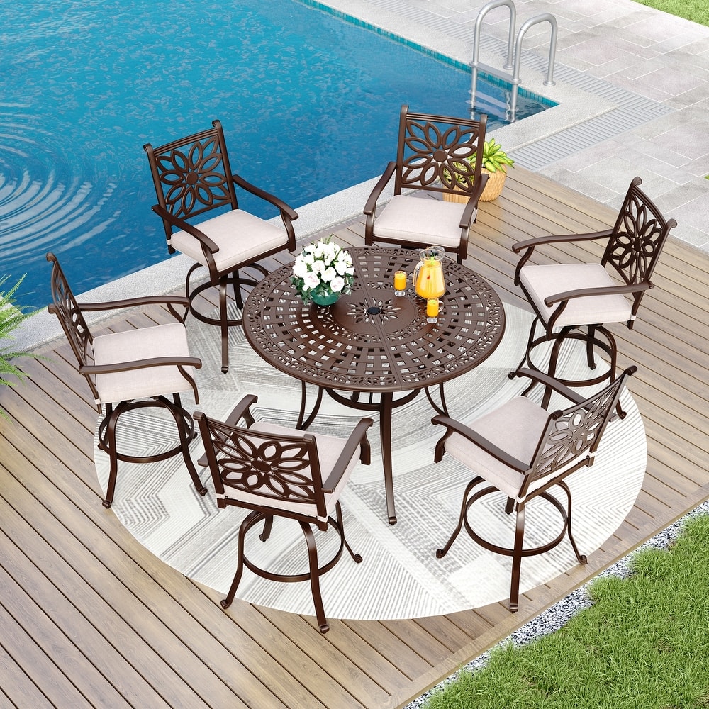 MAISON ARTS 7-Piece Cast Aluminum Patio Bar Stool Set, 6 Swivel Bar Stools and 1 Round Bar Height Table
