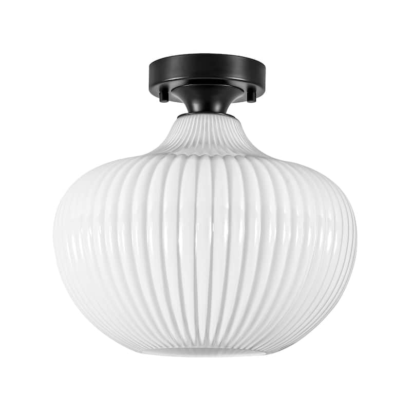 1-Light Modern Elegant Ribbed Glass Flush Mount with Brushed Brass/Matte Black Finish for Bedroom & Foyer