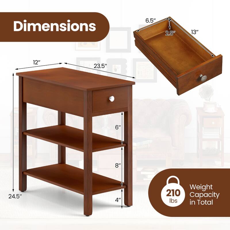 MDF Side End Table with Rubber Wood Legs and Drawer Storage - 23.5" x 12" x 24.5"