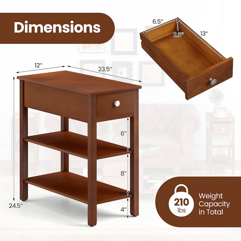 3-Tier Narrow End Table with Drawer and Storage Shelves Set of 2 - 23.5" x 12" x 24.5"