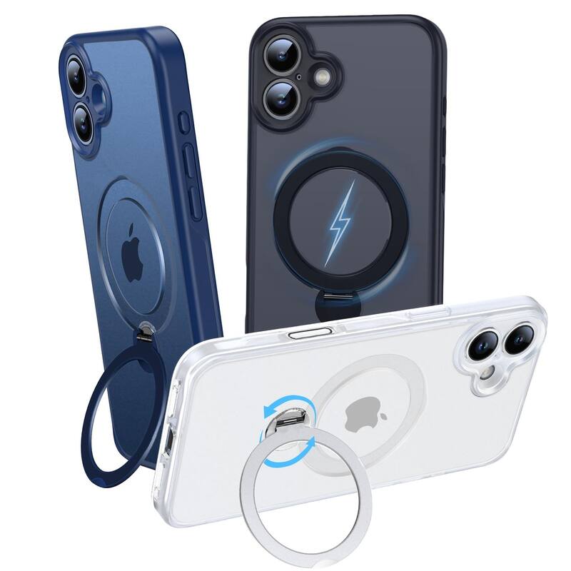 iPhone 16 360° Adjustable Stand Compatible with MagSafe, Translucent Cover with Magnetic Ring Case Non-Slip and Shockproof - White