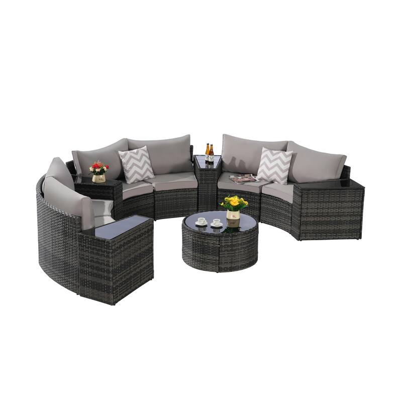 11-Piece Outdoor Half-Round Modular Sectional Sofa Set with Tempered Glass Coffee Table and 4 Side Table