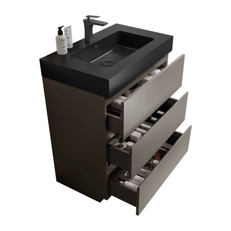 Minimalist Freestanding Bathroom Vanity with Soft-Closing Drawers, Matt Black Engineered Stone Basin - 29.9in L Melamine