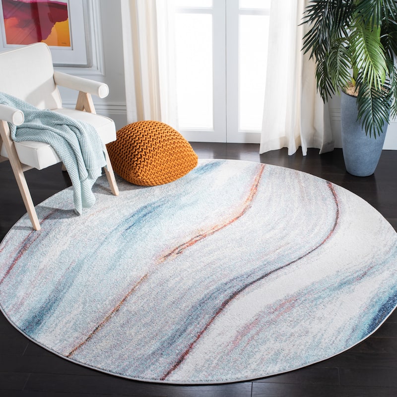 SAFAVIEH Phoenix Bakhyt Abstract Rug - 6'7" Round - Ivory/Blue