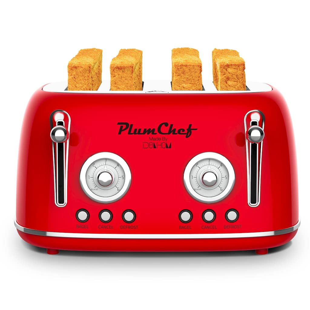 4 Slice Retro Style Toaster, Dual Control Toaster with Warming Rack, 6 Browning Settings, Bagel/Defrost Functions