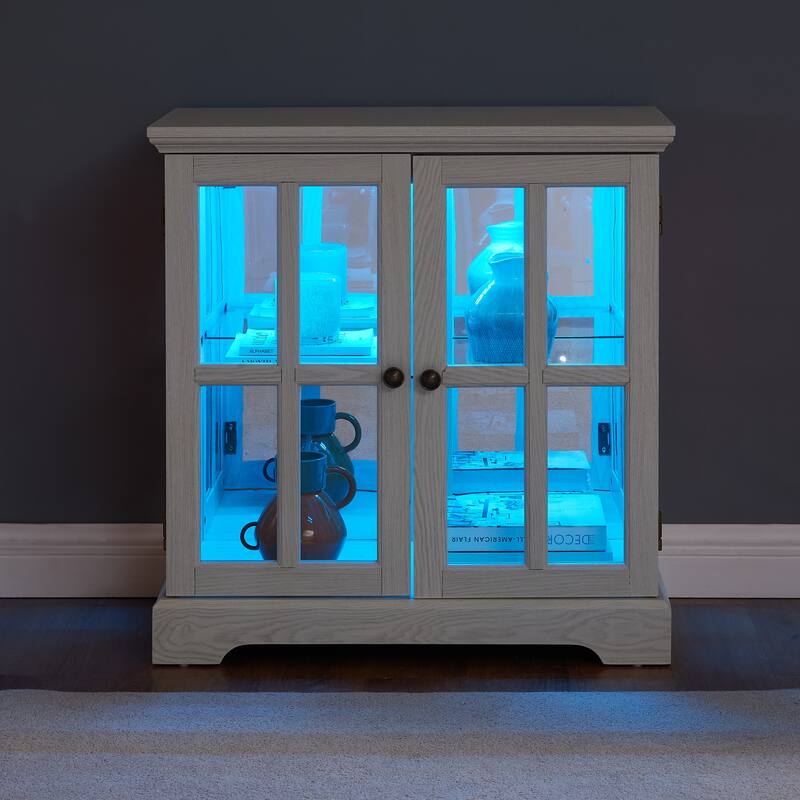 Retro Display Cabinet with Lattice Doors, Adjustable Shelve and LED Lights