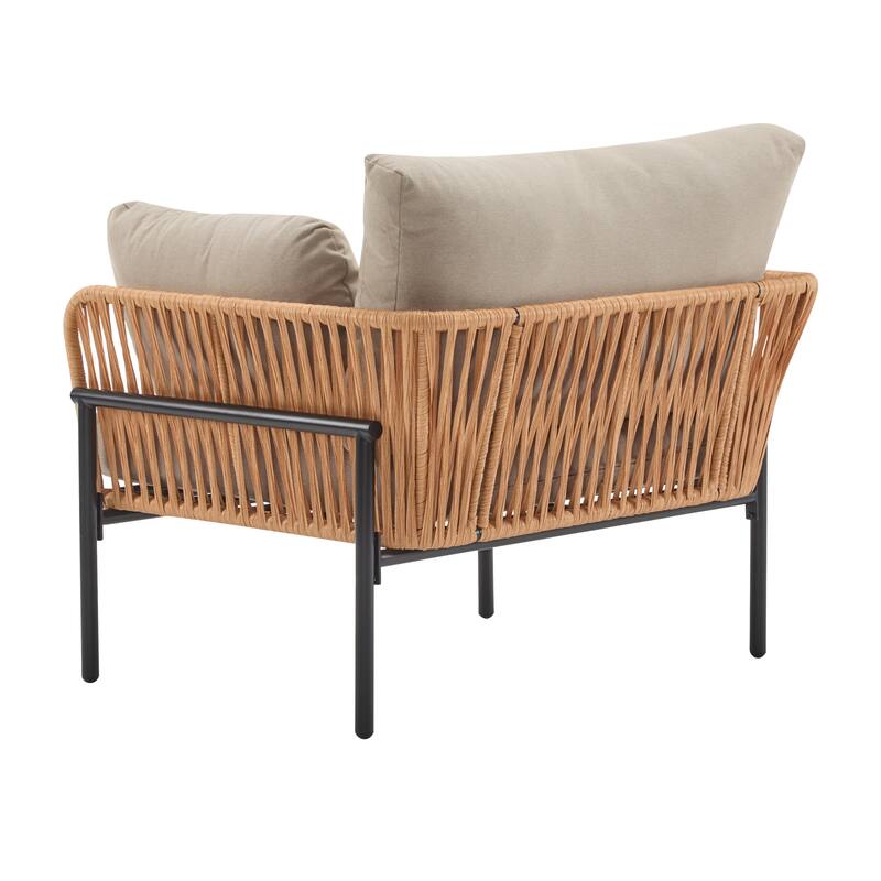 36" Beige and Light Wood-Tone Rope Iron Lounge Chair with Cushions, Perfect for Natural and Modern Spaces