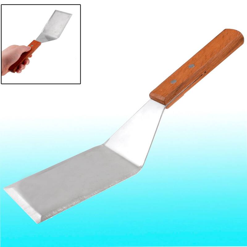 Wood Handle Silver Tone Stainless Steel Smooth Wide Spatula 11.2" Long