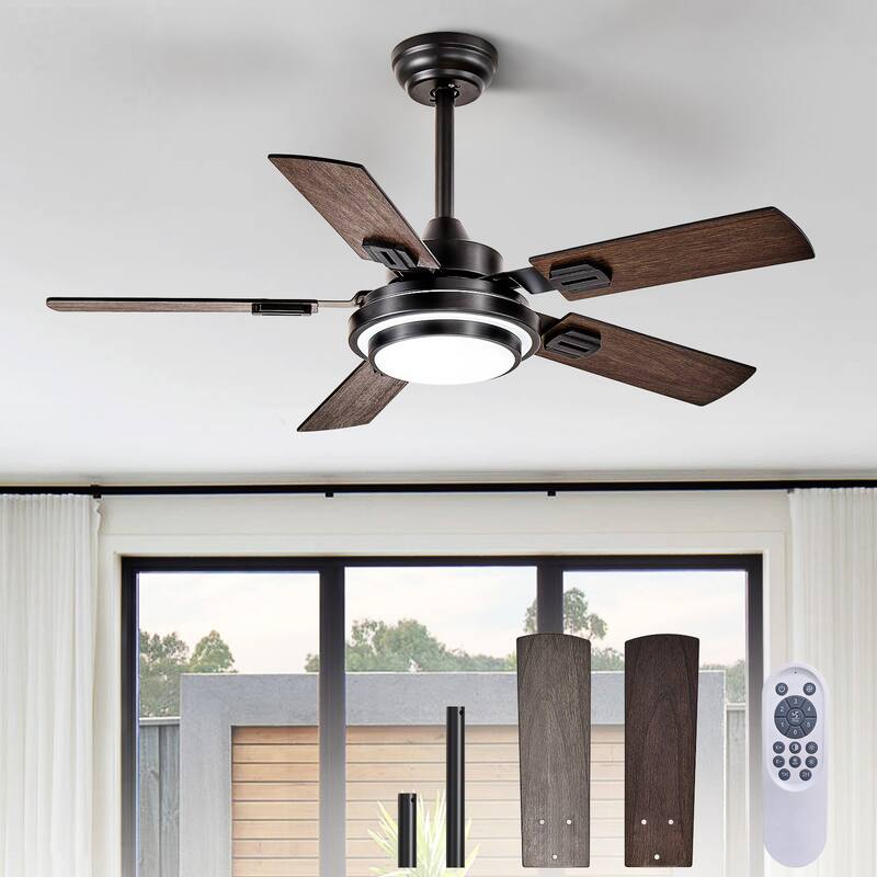 42-52Inch Ceiling Fan with Light: with 5 Blades Dual Finish Reversible - with Remote Control for Living Room Outdoor Patios - 42in - Black