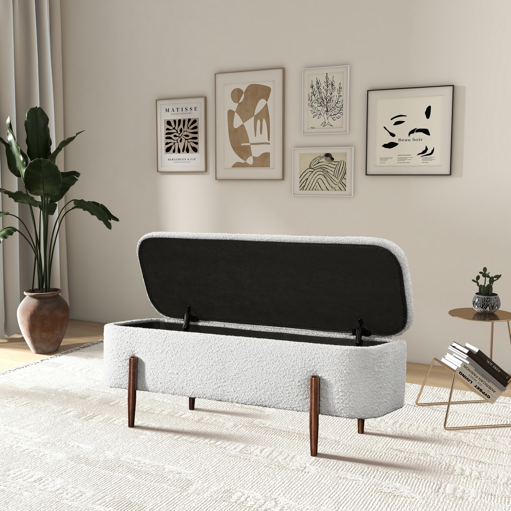 Kaho Japandi Style Boucle Fabric Ottoman Bench with Storage