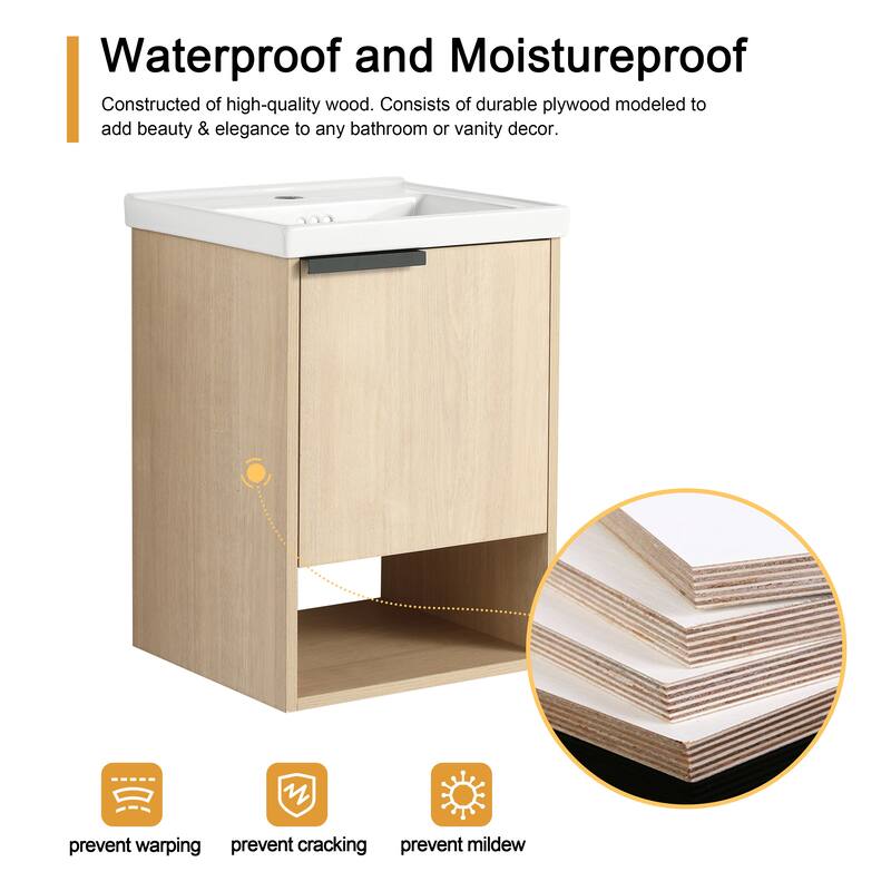 Malwee 16"/20" Floating Bathroom Vanity, Mini Wall Mounted Bathroom Vanity with Ceramic Sink and Soft Close Door