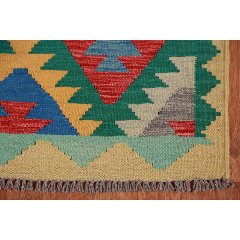 Hand Woven Oriental 100% Wool Carpet Southwestern Geometric Multi-Colored Kilim Runner Rug - 13' 0'' X 2' 10''