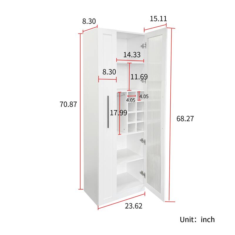 Farmhouse Kitchen Pantry Cabinet with Multi-Tier Pull-Out Storage Shelf & Glass Doors, Tall Food Storage Organizer