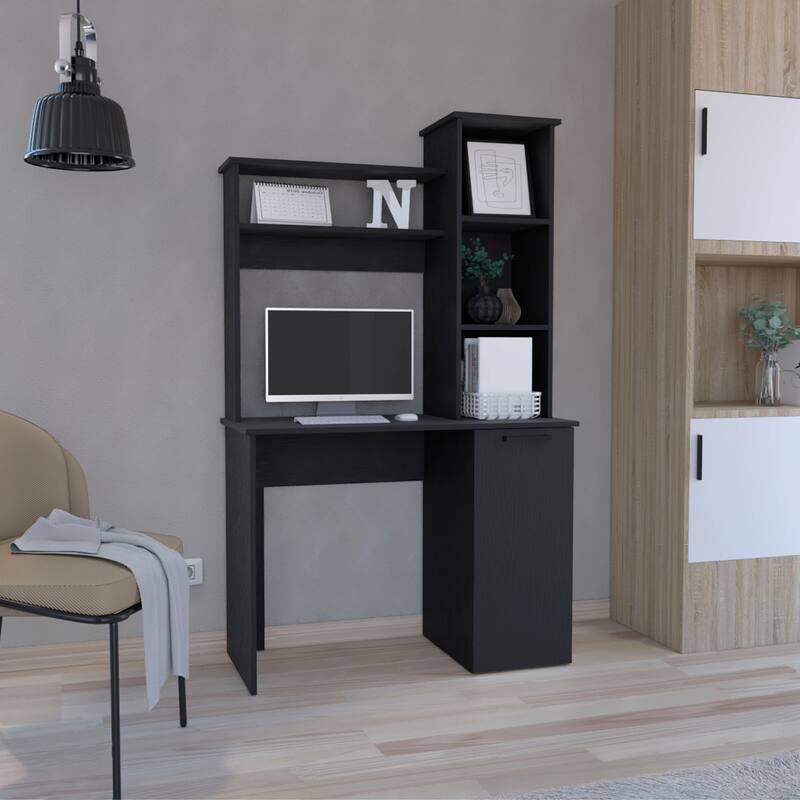 Stylish Computer Desk with Hutch, Spacious Work Surface, 3-Tier Shelves, and Storage Cabinet for Home Office Efficiency - Black