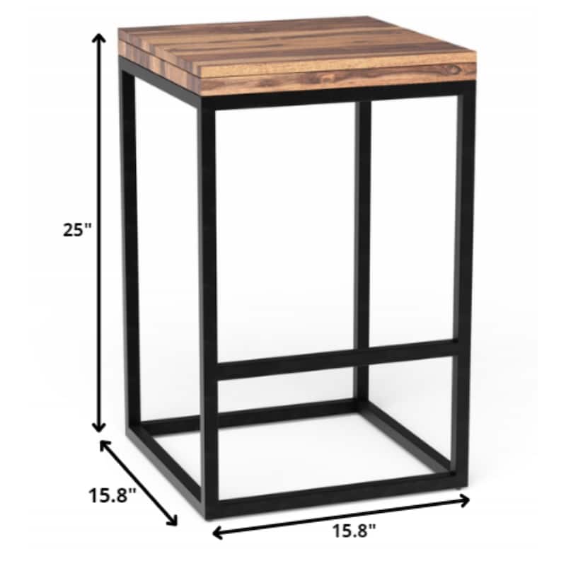 25” Brown Solid Wood and Black Iron Counter Stool Modern Bar Chair with Footrest Kitchen Seating - 25”H x 15.8”W x 15.8”D