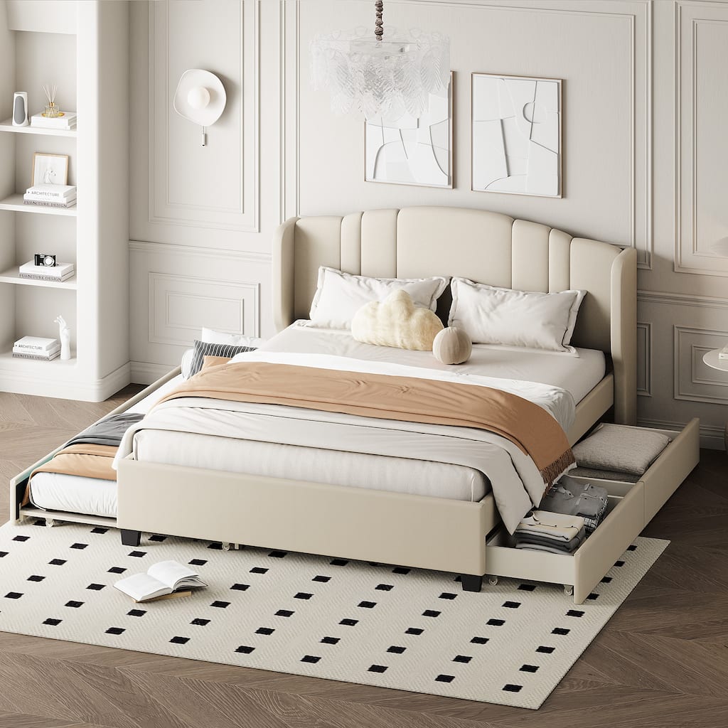 Upholstered Platform Bed with Wingback Headboard, Twin Trundle and 2 Drawers