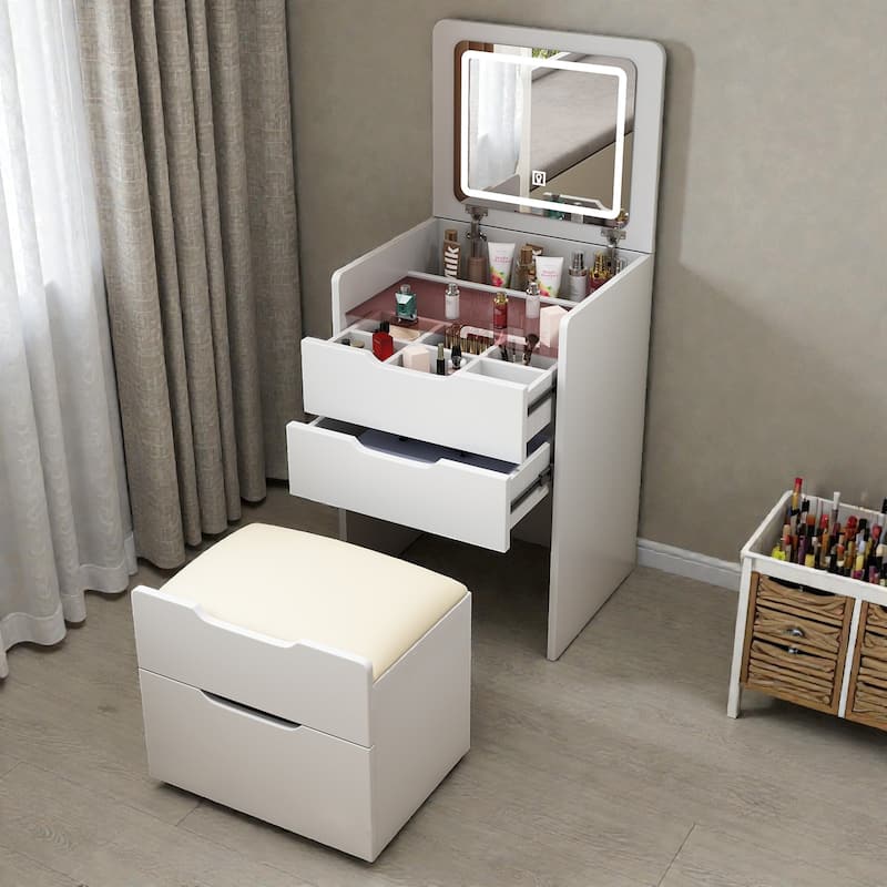 3-in-1 Vanity Desk with Flip-Top Lighted Mirror, Glass Desktop Makeup Table with 3 Drawers for Bedroom