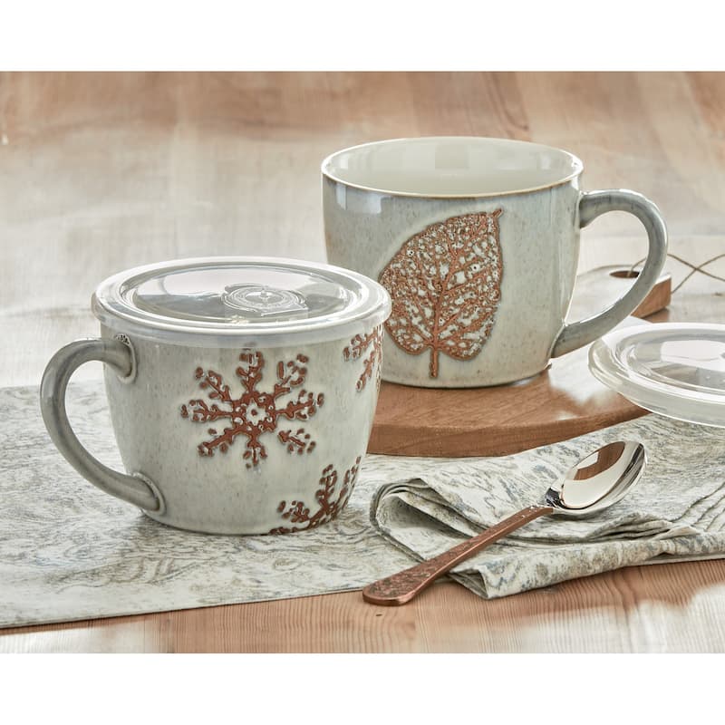 Winter Snowflake Soup Mug Stoneware With Plastic Steam-Release Lid