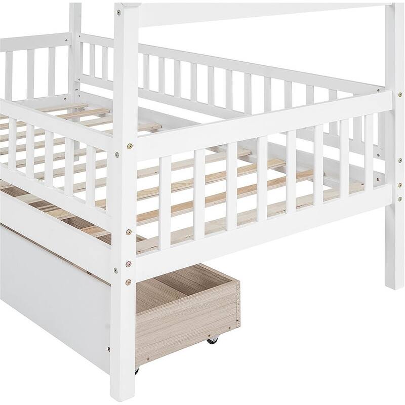 Twin House Bed with 2 Storage Drawers,Rails and Roof for Kids