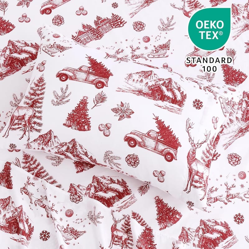 Christmas Red Boho Holiday Bed Sheets Set with 16 Inches Deep Pocket