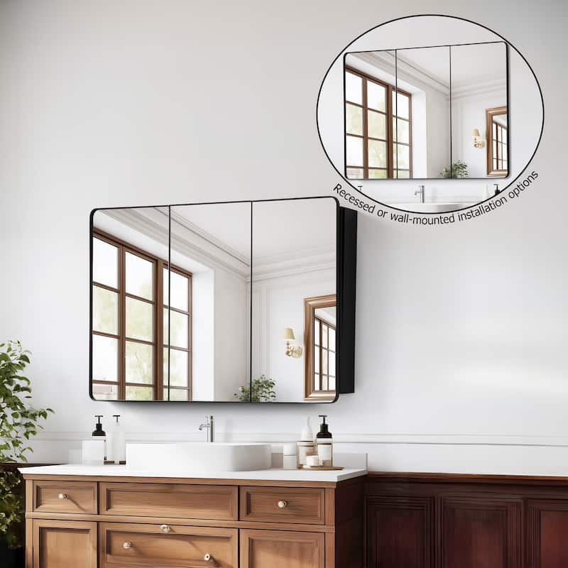 3-Door Bathroom Medicine Cabinet, Recessed Medicine Cabinet or Surface Mount, Mirrored Door Cabinet w/ Adjustable Glass Shelves