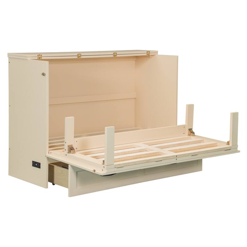 Full Size Murphy Bed Cabinet with Charging Station & A Large Drawer, Foldable Pull Out Wall Bed for Apartments, Bedrooms, Studio