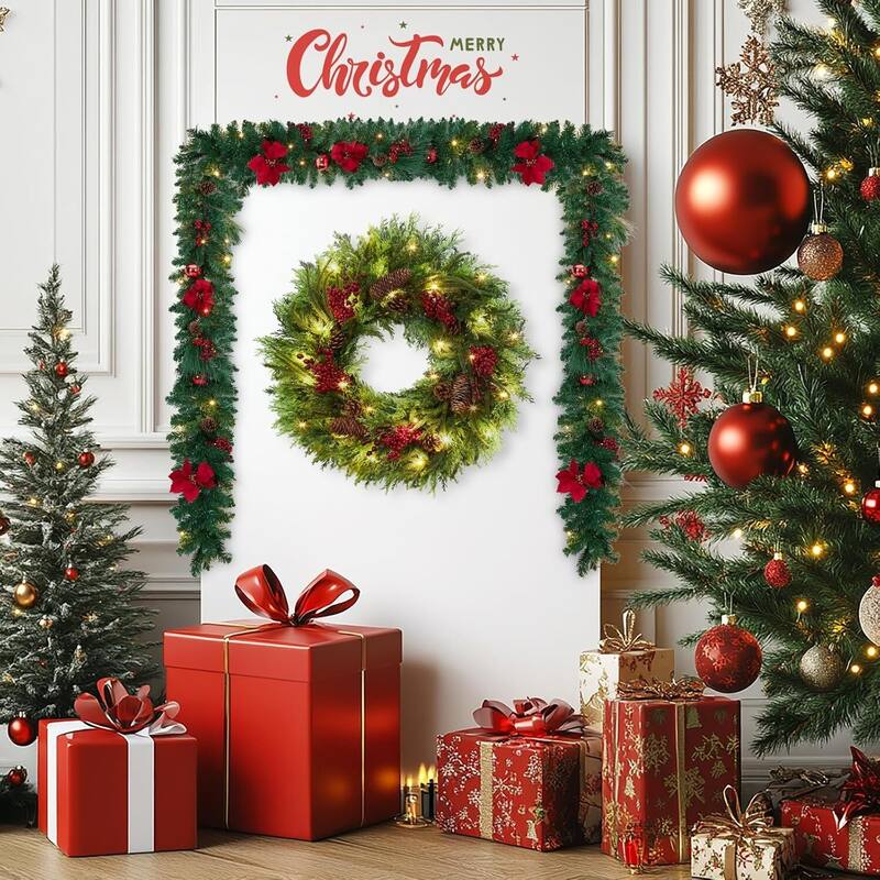 6 FT Artificial Christmas Garland with Red Flowers, Berries - N/A