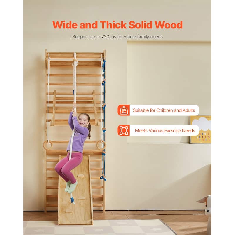 Beige Pine Wood 8 in 1 Swedish Ladder Indoor Jungle Gym for Kids and Adults with Slide Rings Rope Climbing and 220 lbs Capacity