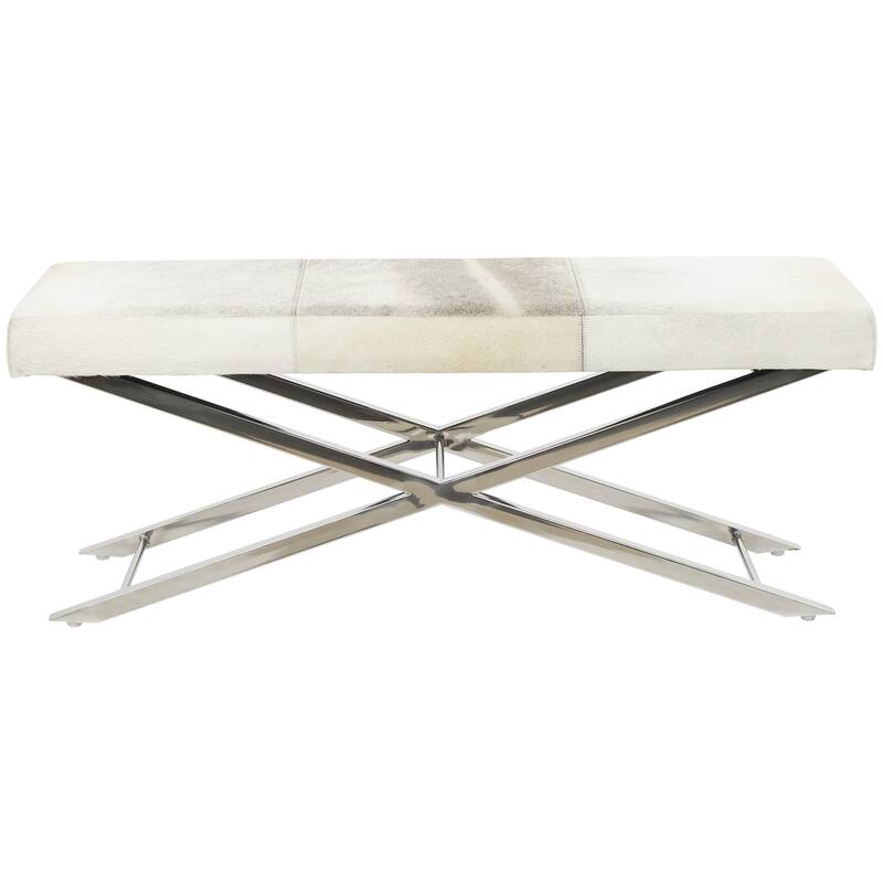 Leather Bench or Stool with Silver X-Shaped Stainless Metal Base - Beige or Gray - Roche River Decor