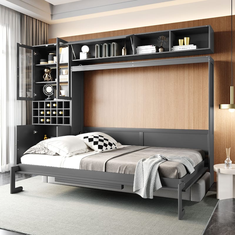 Queen Size Murphy Bed with Sofa - Space-Saving Wall Bed with Shelves, USB Charging & LED Lighting - Grey