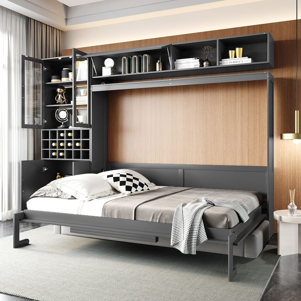Queen Size Murphy Bed with Sofa - Space-Saving Wall Bed with Shelves, USB Charging & LED Lighting
