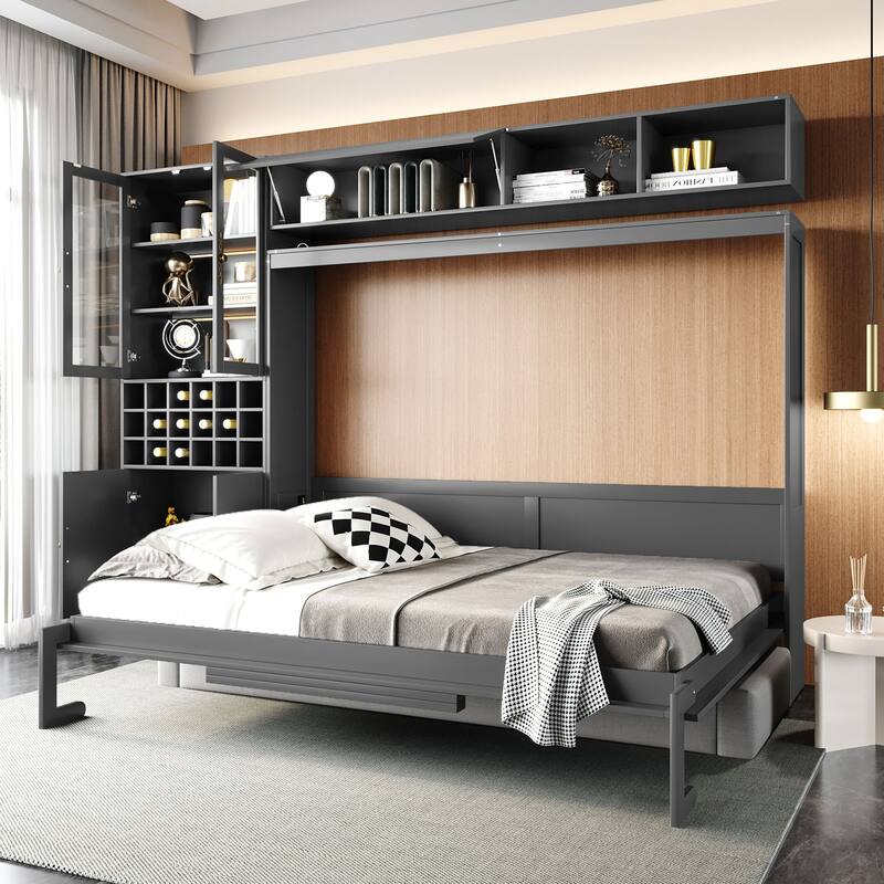 Wood Wall Murphy Bed Frame with Couch, USB and Light, Foldable Wall Platform Bed with All-in-One Storage Cabinet