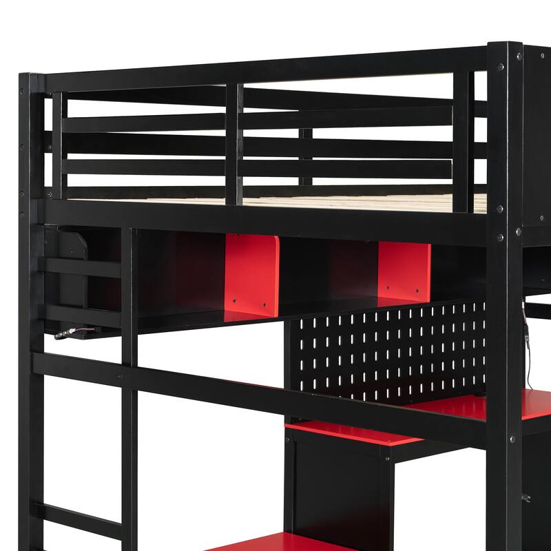 Roomfitters Full Size Gaming Loft Bed with Desk, Pegboard, LED Lights and USB Ports
