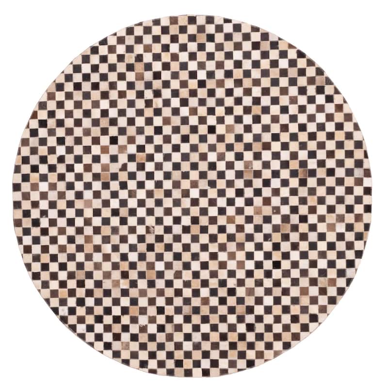 ECARPETGALLERY Handmade Cowhide Patchwork Dark Brown, Ivory Leather Rug - 5'1 x 5'1