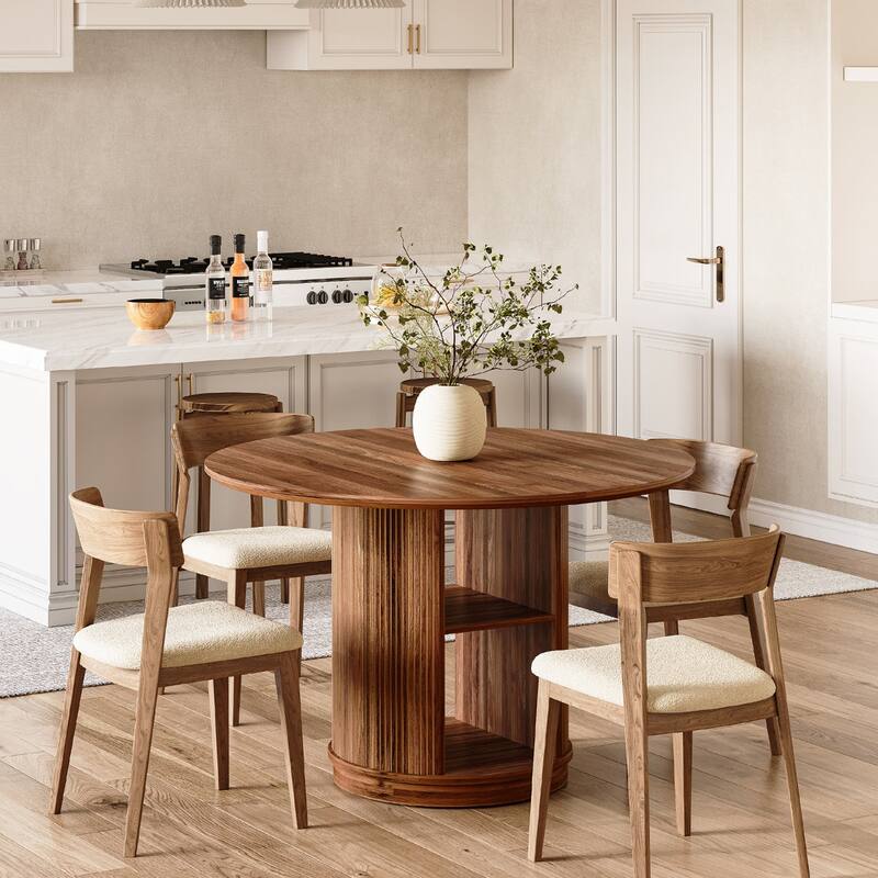 47-Inch Round Dining Table for 4-6, Kitchen Table with 2-Layer Shelf Cylindrical Pedestal