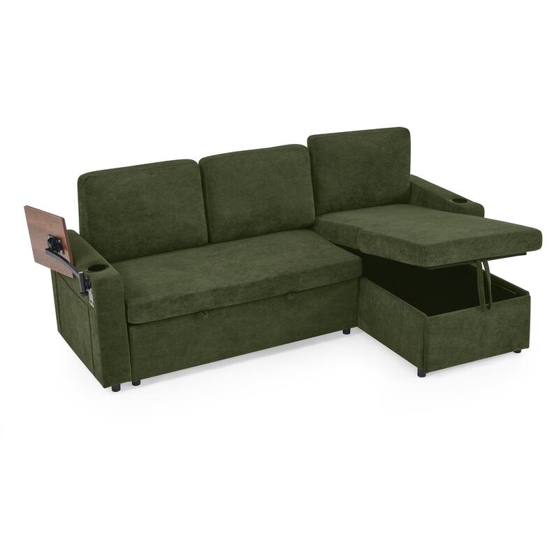 Pull Out Sleeper Sofa Bed Chenille L-shaped Sectional Couch with Storage Chaise, Retractable Table, LED, USB and Cup Holders