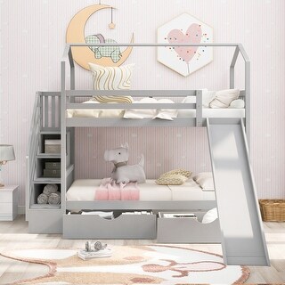 Gray Twin over Twin Wood House Bed Bunk Bed with 2 Drawers and Slide ...